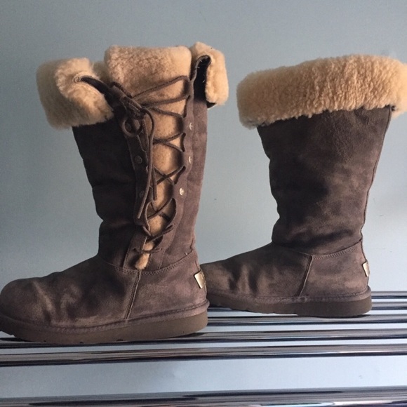 UGG Upside Boots Tall Gray Lace up Shearling Sherpa Fur Suede Winter Women EU 36 - Picture 4 of 10